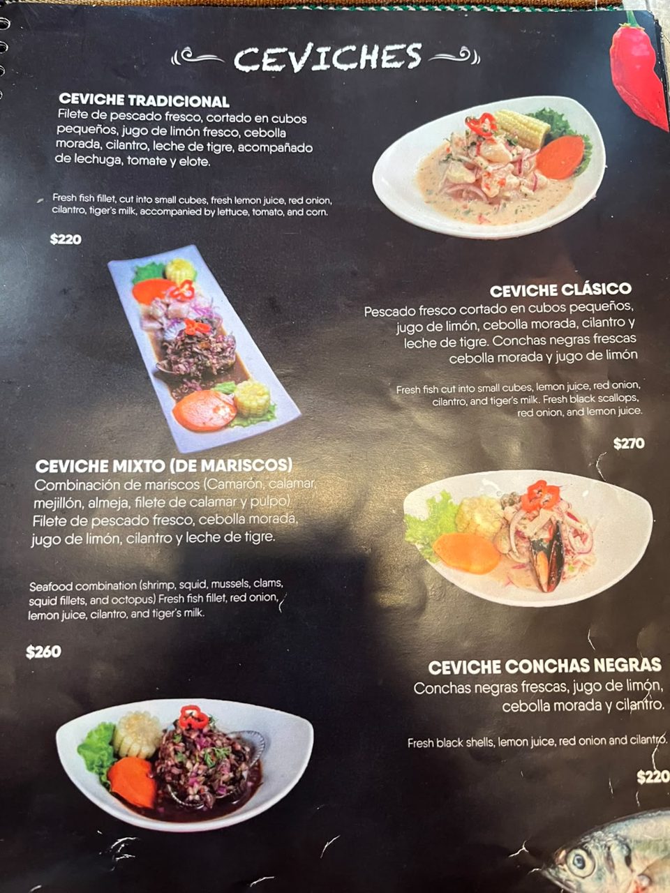 Carta de ceviches de Pachamama: ceviche tradicional, clásico, mixto y de conchas negras con precios