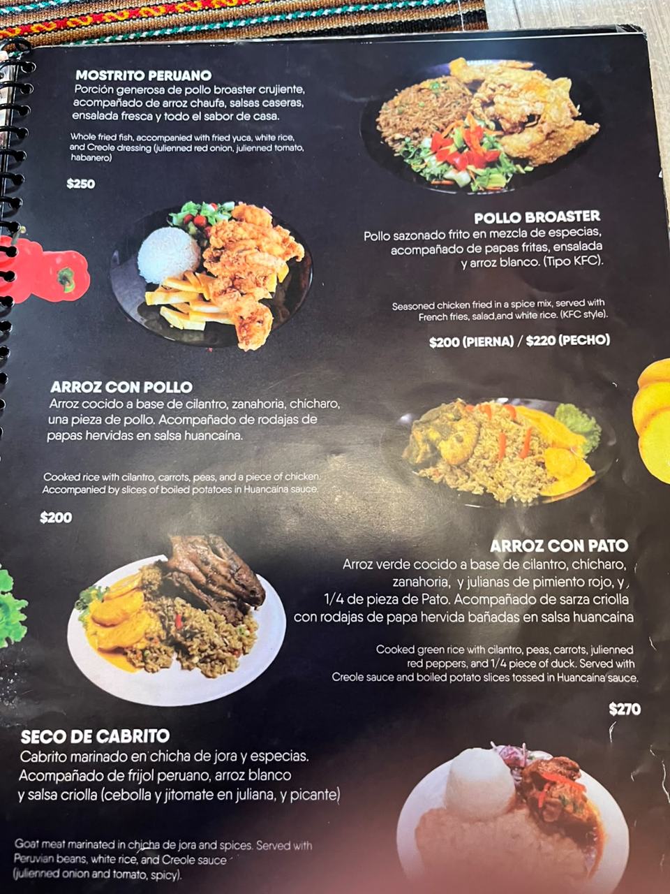 Carta de Pachamama con arroz con pato, pollo broaster y seco de cabrito con precios