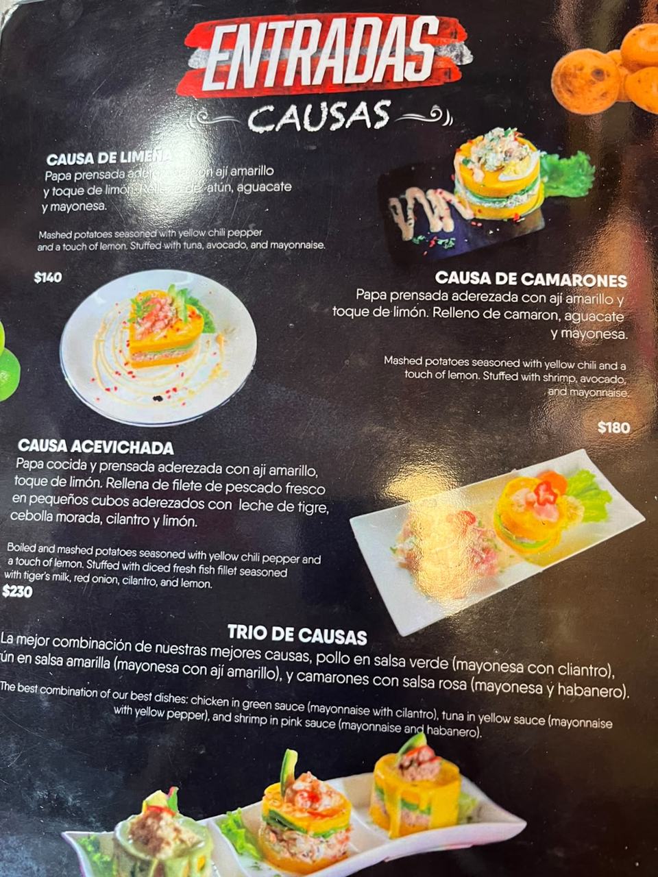 Carta de entradas y causas de Pachamama: causa limeña, de camarones y acevichada con precios