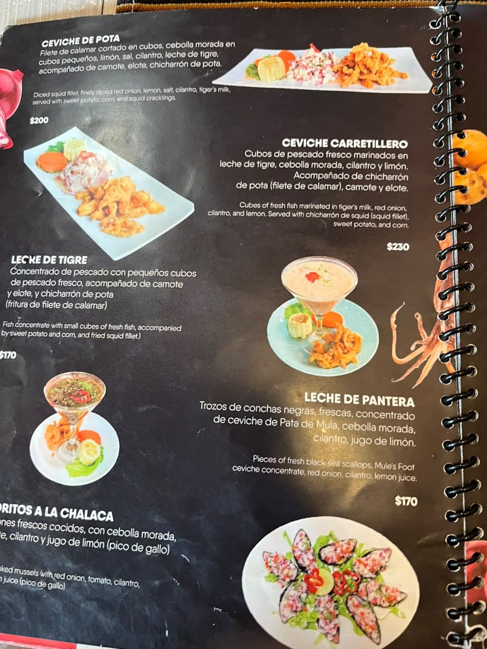 Carta de leches de tigre y ceviches especiales de Pachamama con precios