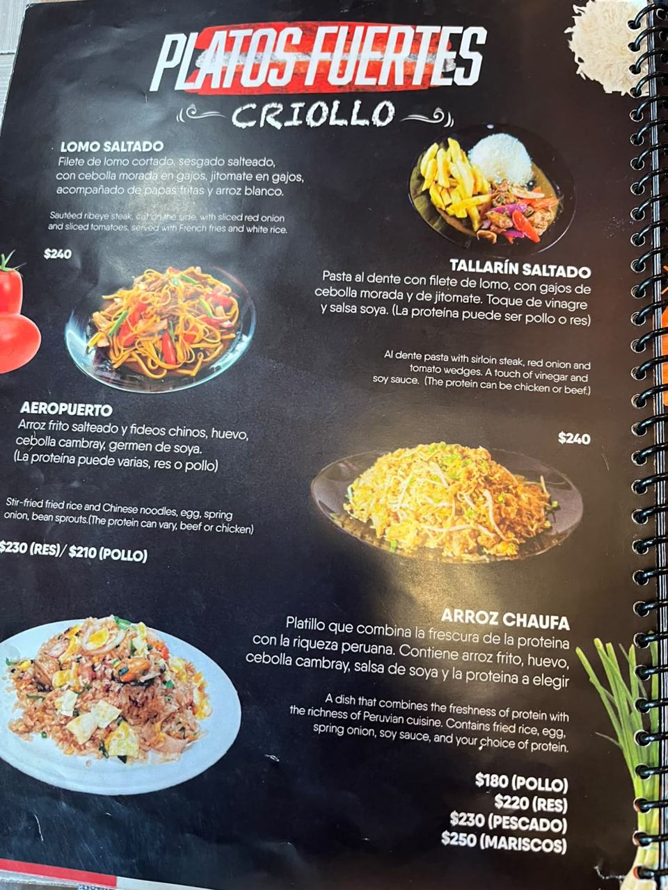 Carta de platos fuertes criollos de Pachamama: lomo saltado, tallarín saltado, aeropuerto y arroz chaufa con precios