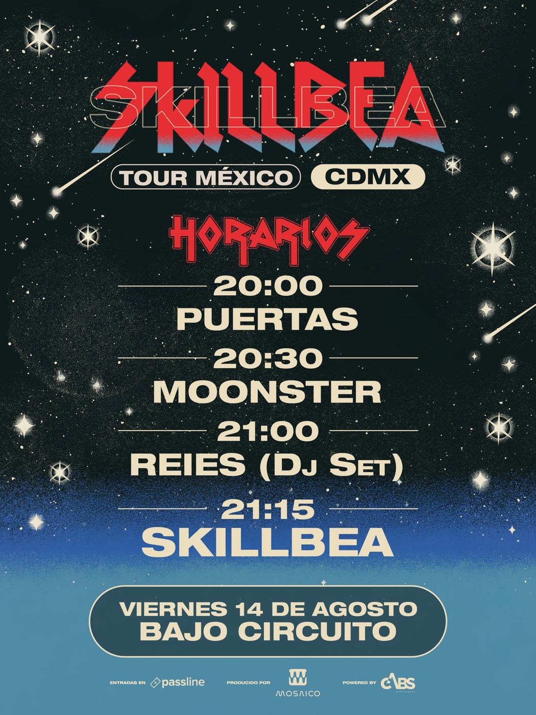 Cartel oficial de horarios del concierto de Skillbea en Bajo Circuito: 20:00 puertas, 20:30 Moonster, 21:00 Reies DJ Set y 21:15 Skillbea, viernes 14 de agosto