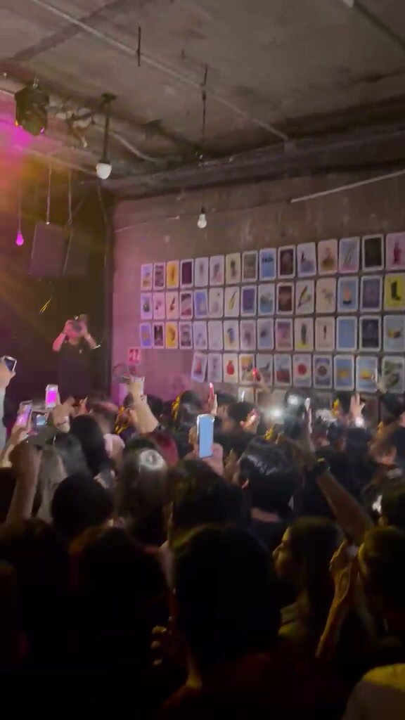 Skillbea cantando en el escenario de Bajo Circuito con el público levantando los teléfonos y un muro de cartas de lotería al fondo