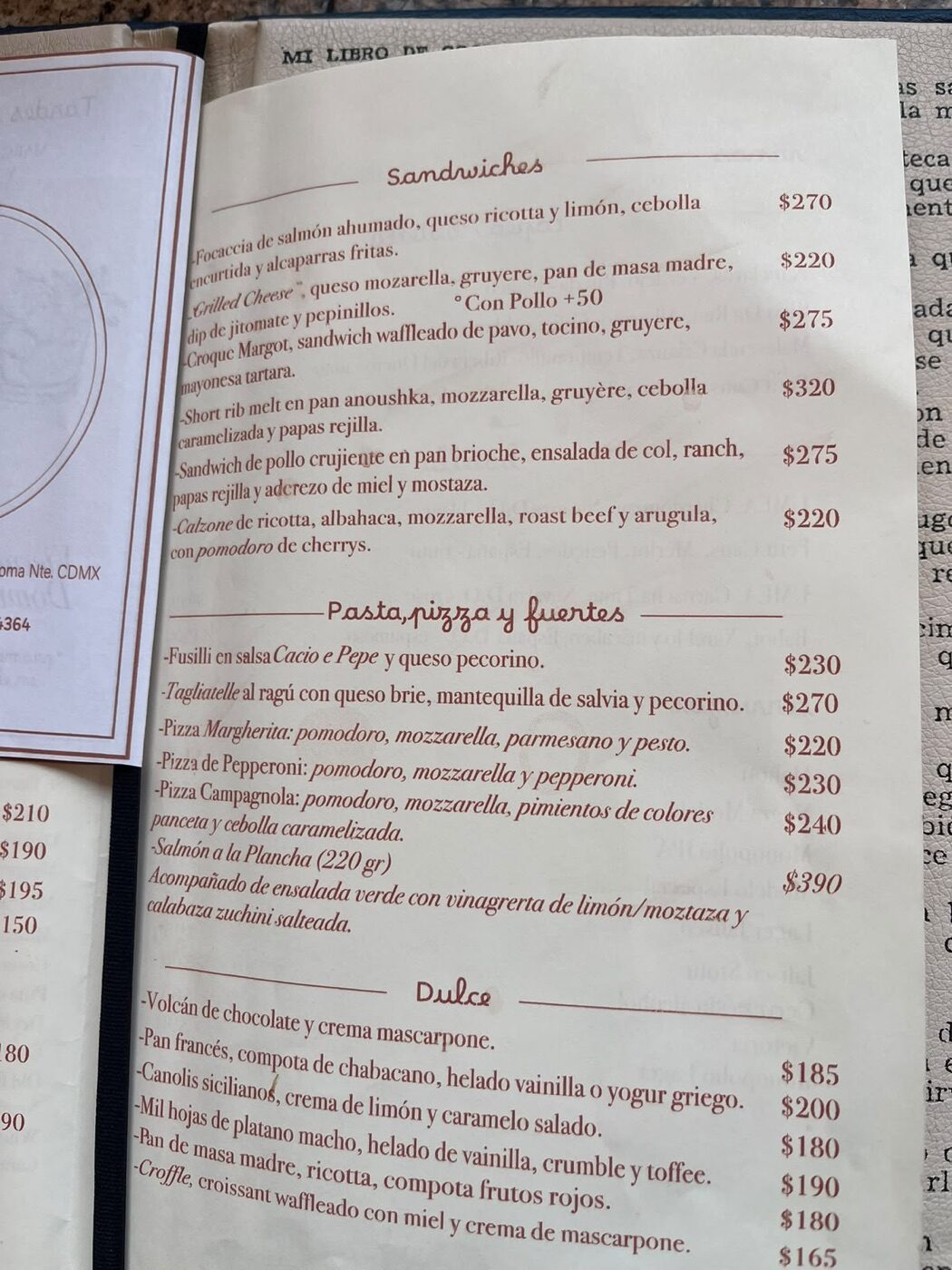 Menú de Terraza Margot con precios de sandwiches, pastas, pizzas y postres, incluido el Croque Margot a $275