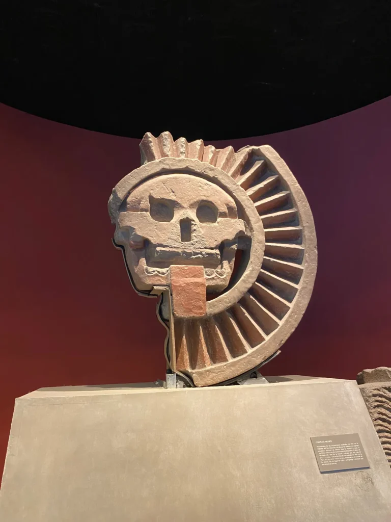 Escultura de piedra de un cráneo con lengua salida rodeado de un disco radiado, en el Museo Nacional de Antropología, mayo de 2024