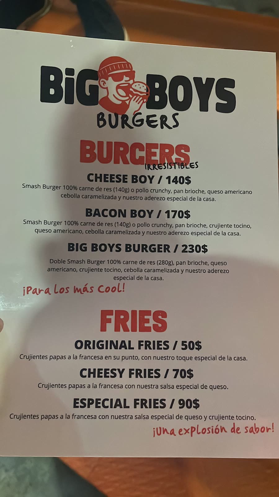 Menú de hamburguesas y papas de Big Boys Burgers con precios: Cheese Boy, Bacon Boy, Big Boys Burger y las fries